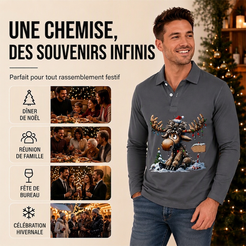 Haut à col pour homme à motif d'élan à manches longues