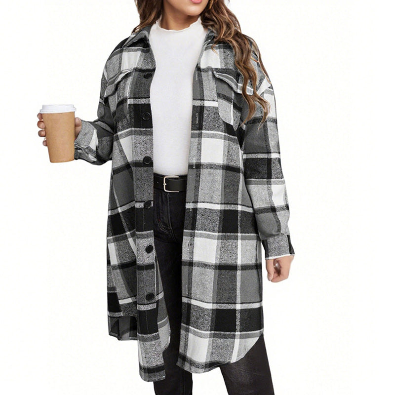 Manteau long à revers, à carreaux, élégant, pour femme
