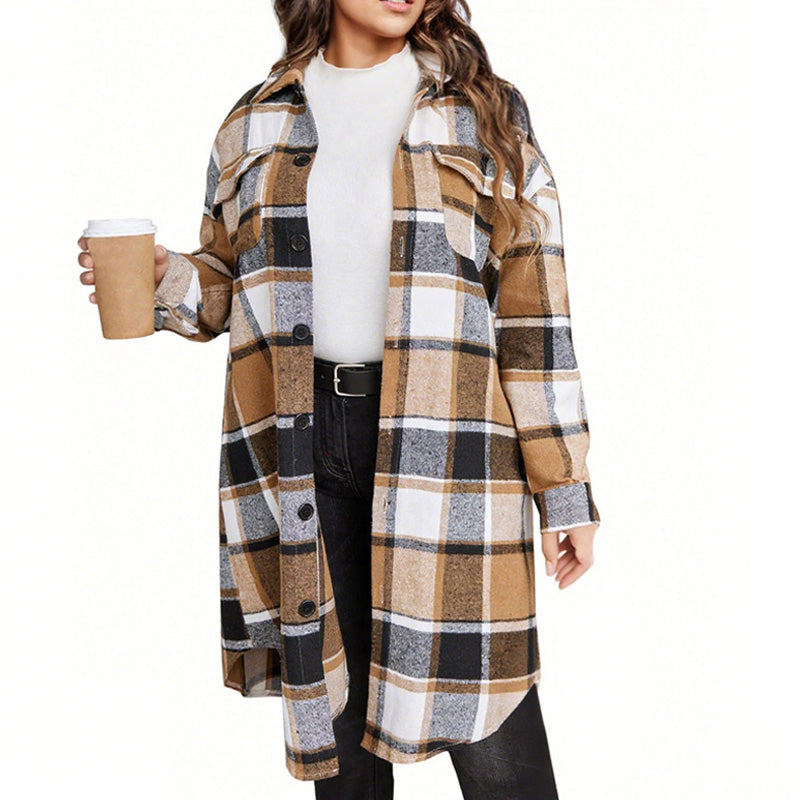 Manteau long à revers, à carreaux, élégant, pour femme