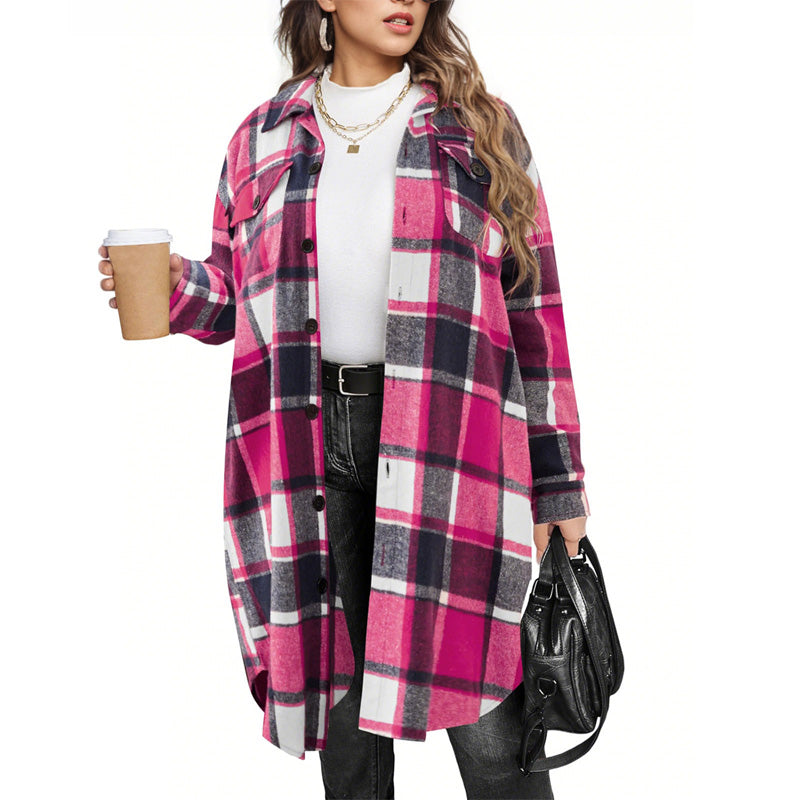 Manteau long à revers, à carreaux, élégant, pour femme