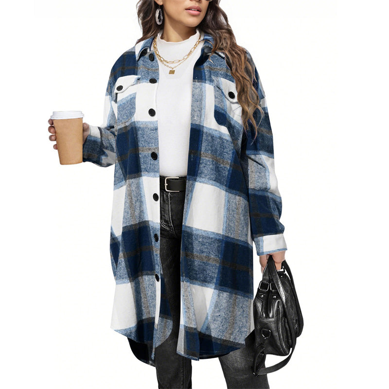 Manteau long à revers, à carreaux, élégant, pour femme