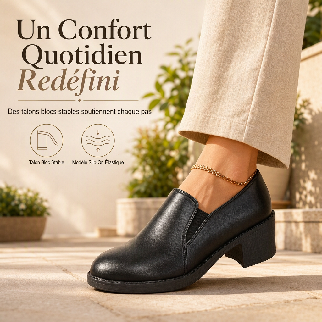 Escarpins à enfiler style britannique rétro pour femmes, talon bloc mi-haut, modèle grande taille, talon épais, chaussures basses