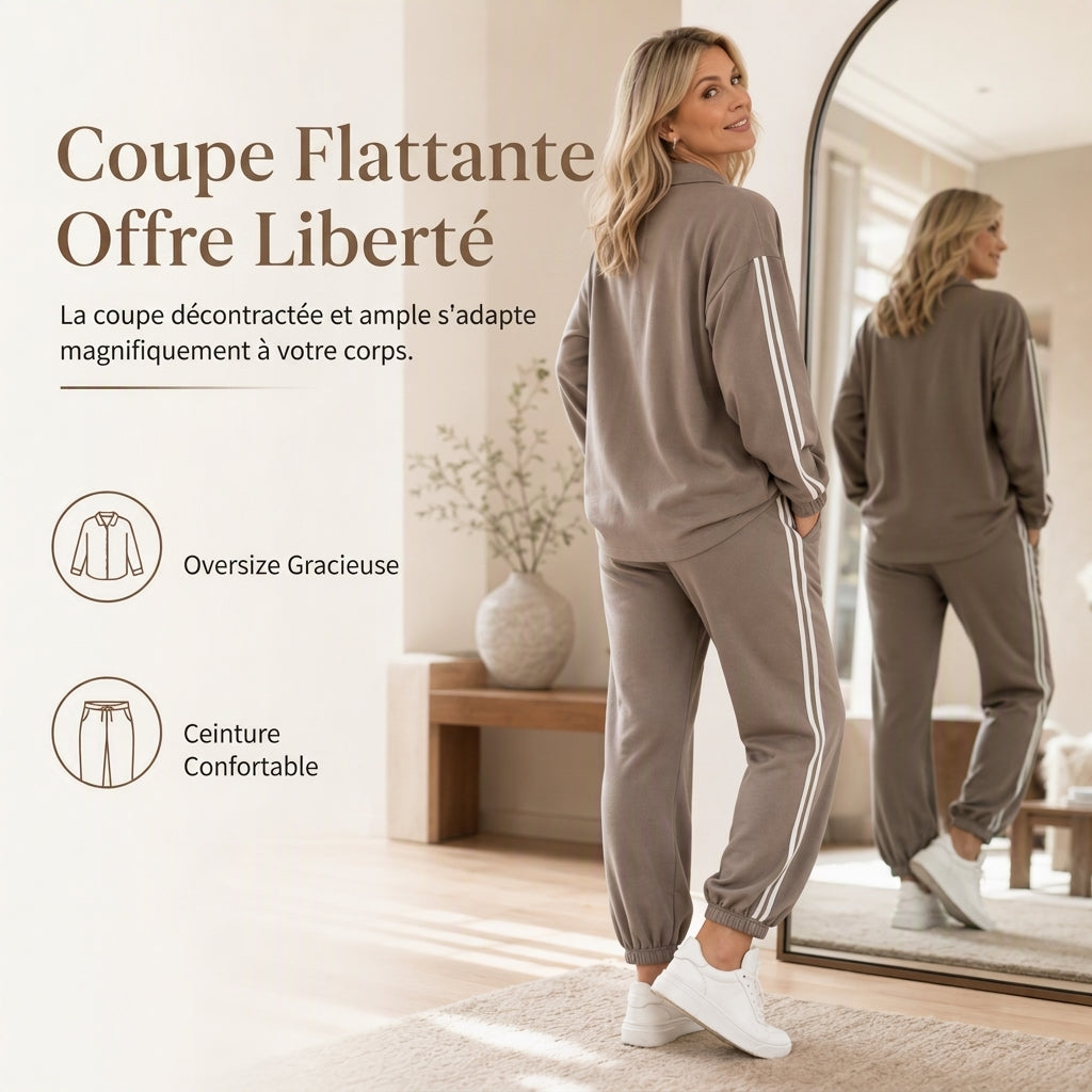 Ensemble de détente décontracté pour femme composé d'une chemise oversize à boutons et d'un pantalon de jogging à bandes latérales