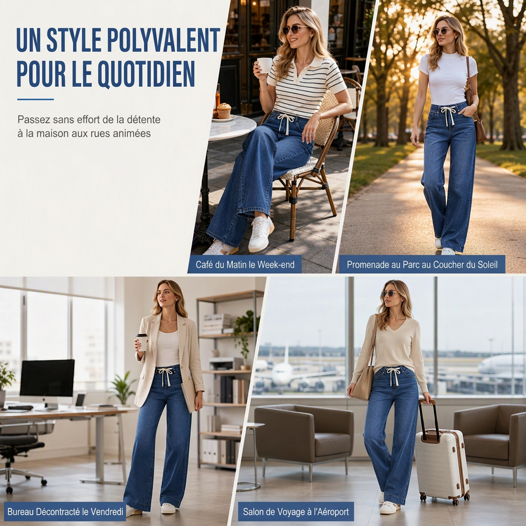 Jeans en denim décontractés coupe large jambe pour femmes