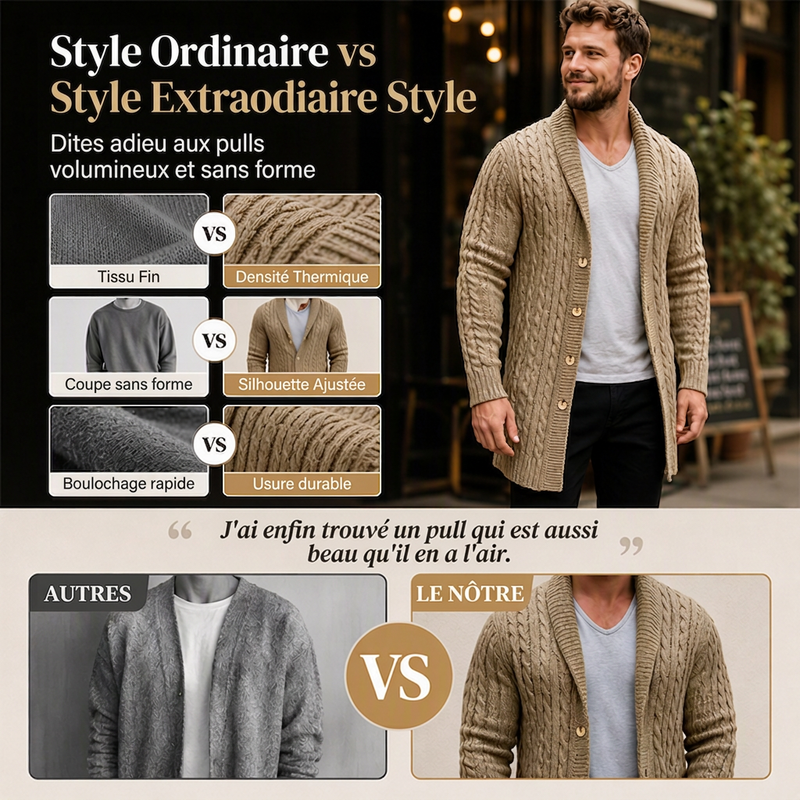 Cardigan mi-long pour homme en maille torsadée
