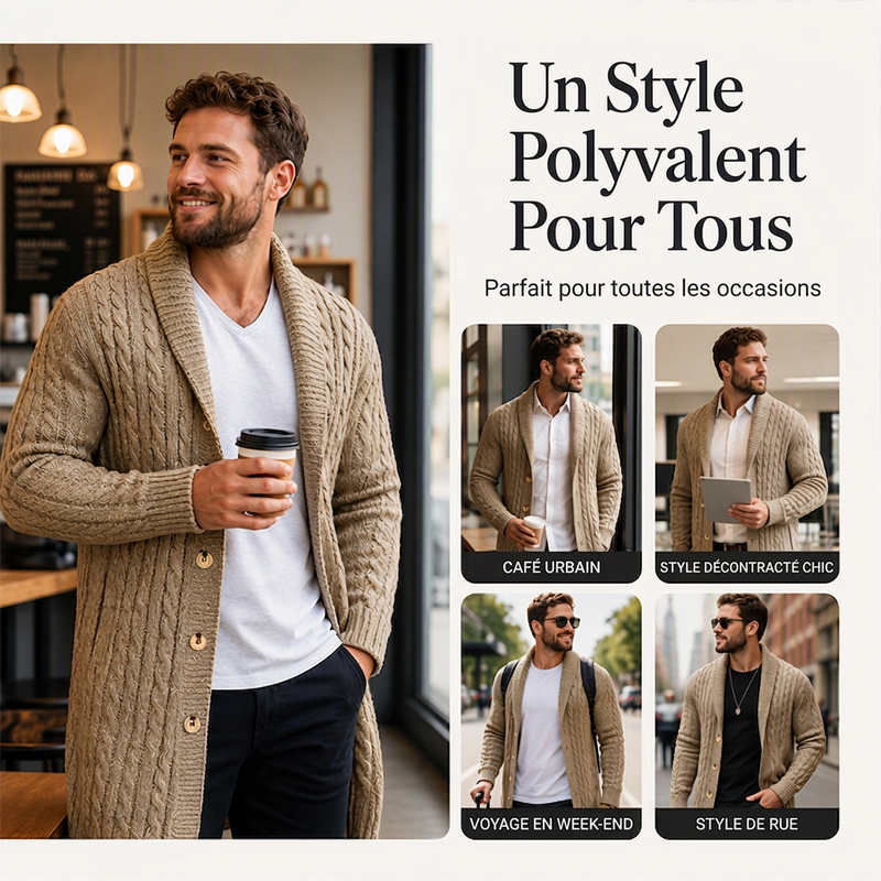 Cardigan mi-long pour homme en maille torsadée
