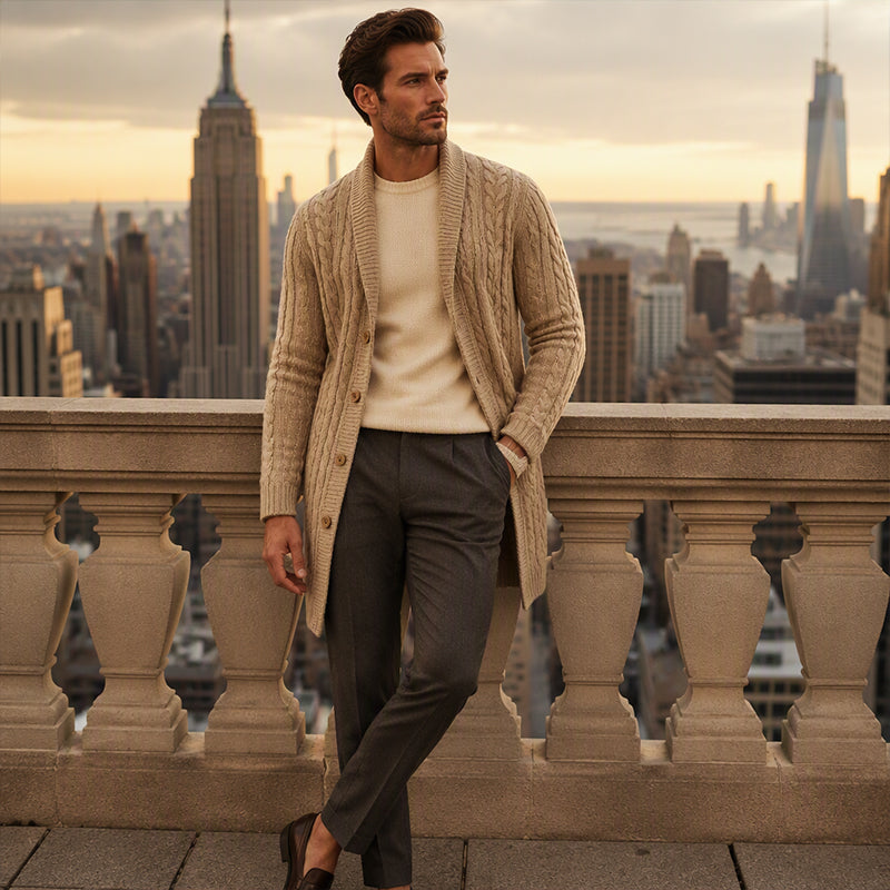 Cardigan mi-long pour homme en maille torsadée