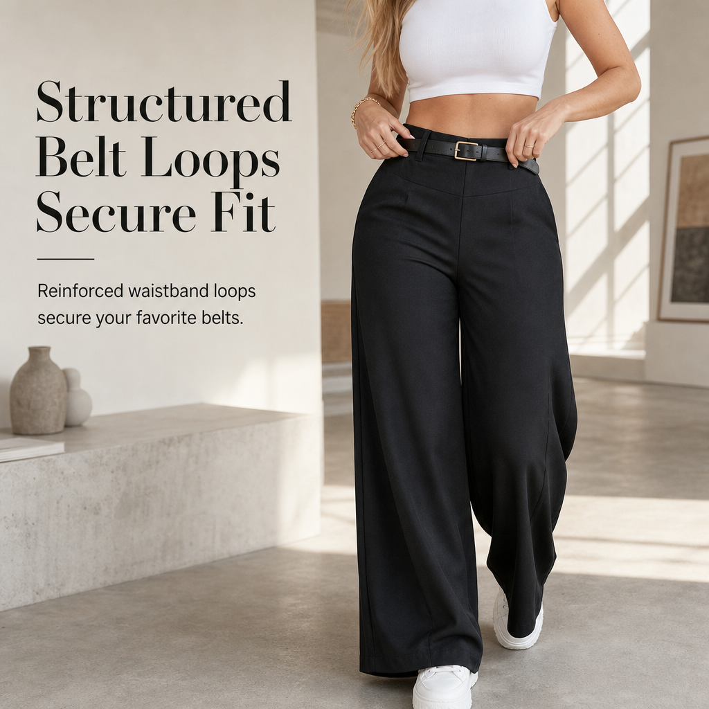 Pantalon décontracté pour femme, taille haute, coupe ajustée et jambes larges, au tombé fluide
