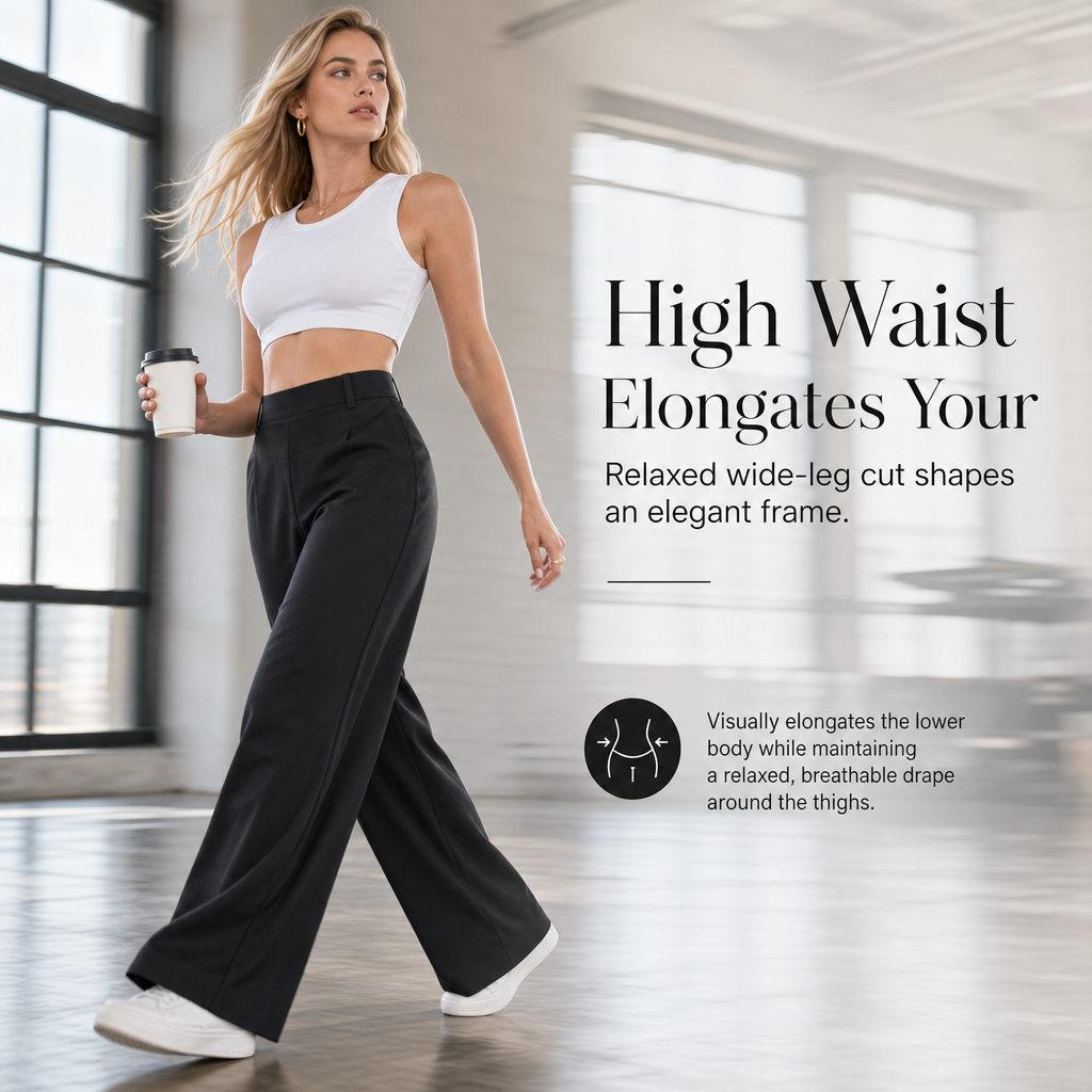 Pantalon décontracté pour femme, taille haute, coupe ajustée et jambes larges, au tombé fluide