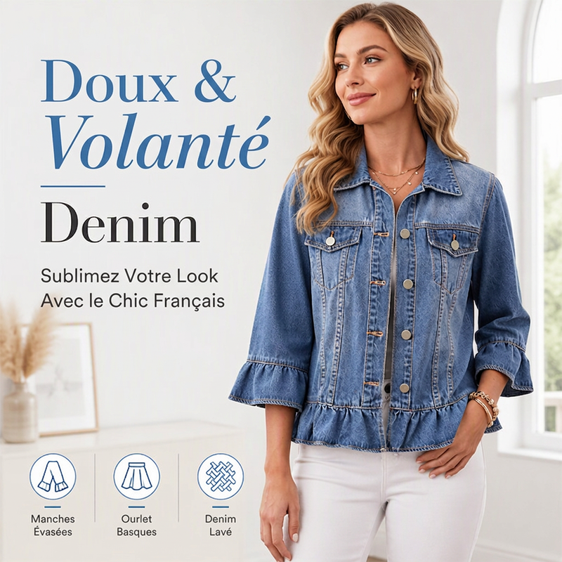 Veste en jean courte pour femme avec ourlet à volants