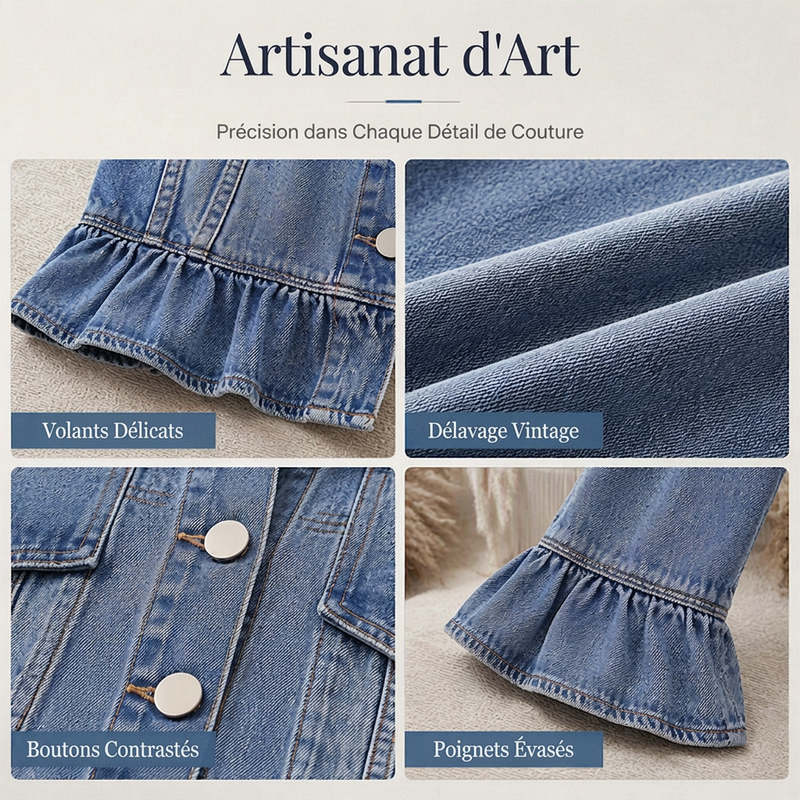 Veste en jean courte pour femme avec ourlet à volants