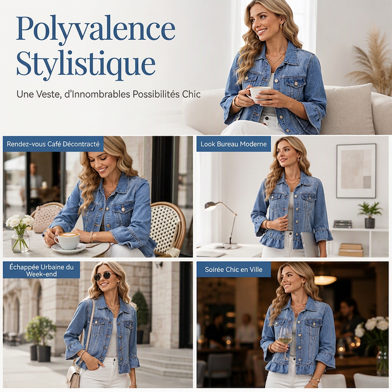 Veste en jean courte pour femme avec ourlet à volants