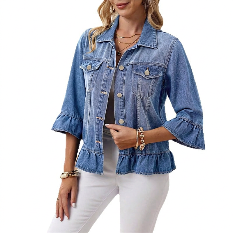 Veste en jean courte pour femme avec ourlet à volants