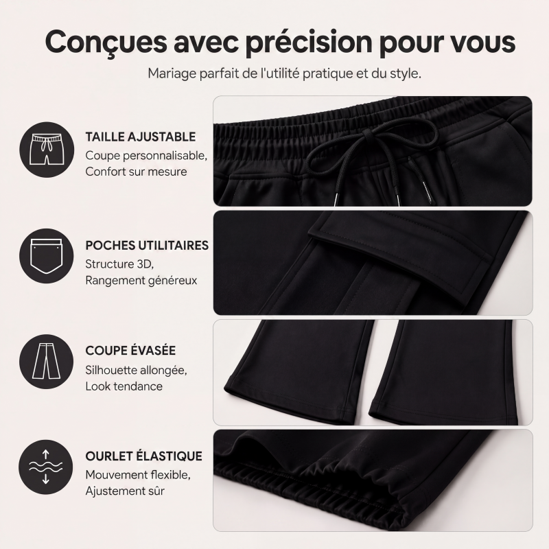 Pantalon cargo évasé à taille haute avec cordon de serrage pour femme