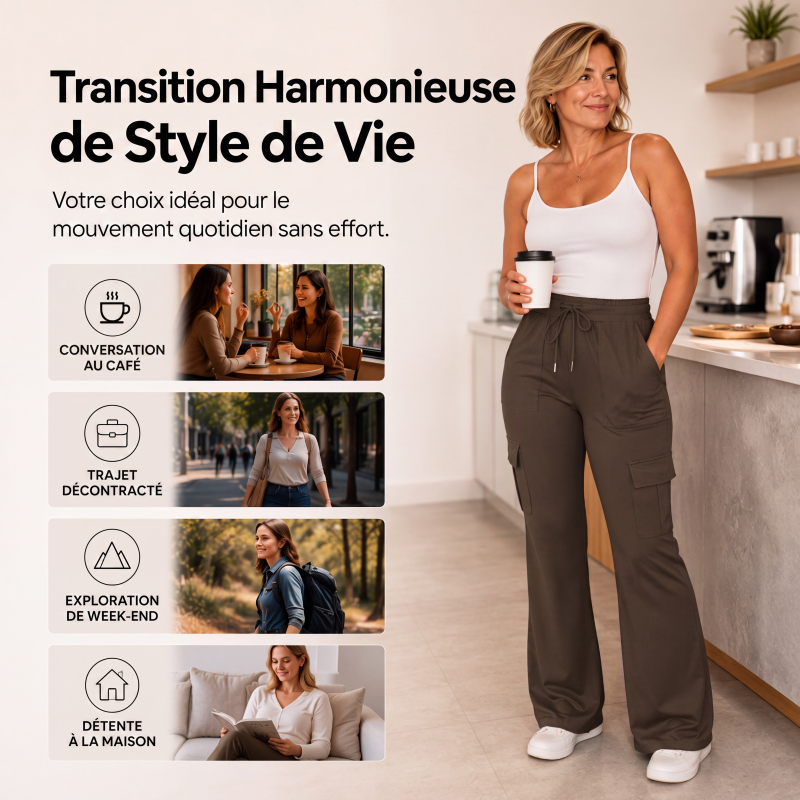 Pantalon cargo évasé à taille haute avec cordon de serrage pour femme