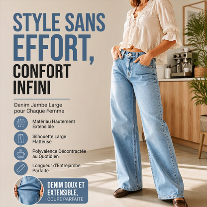 Jean en denim à jambes larges et haute élasticité pour femme