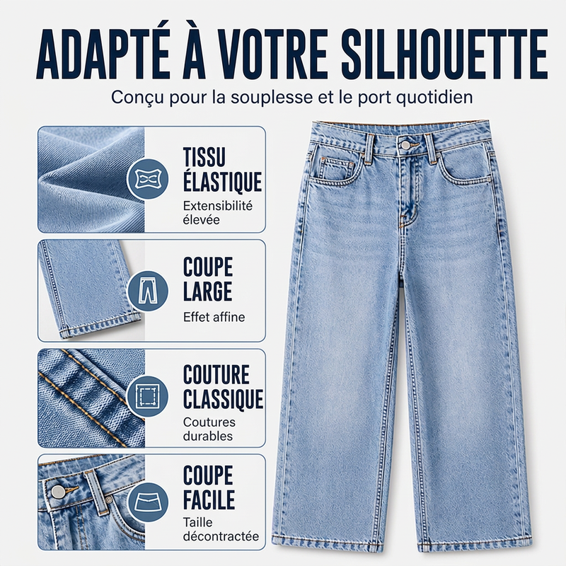 Jean en denim à jambes larges et haute élasticité pour femme