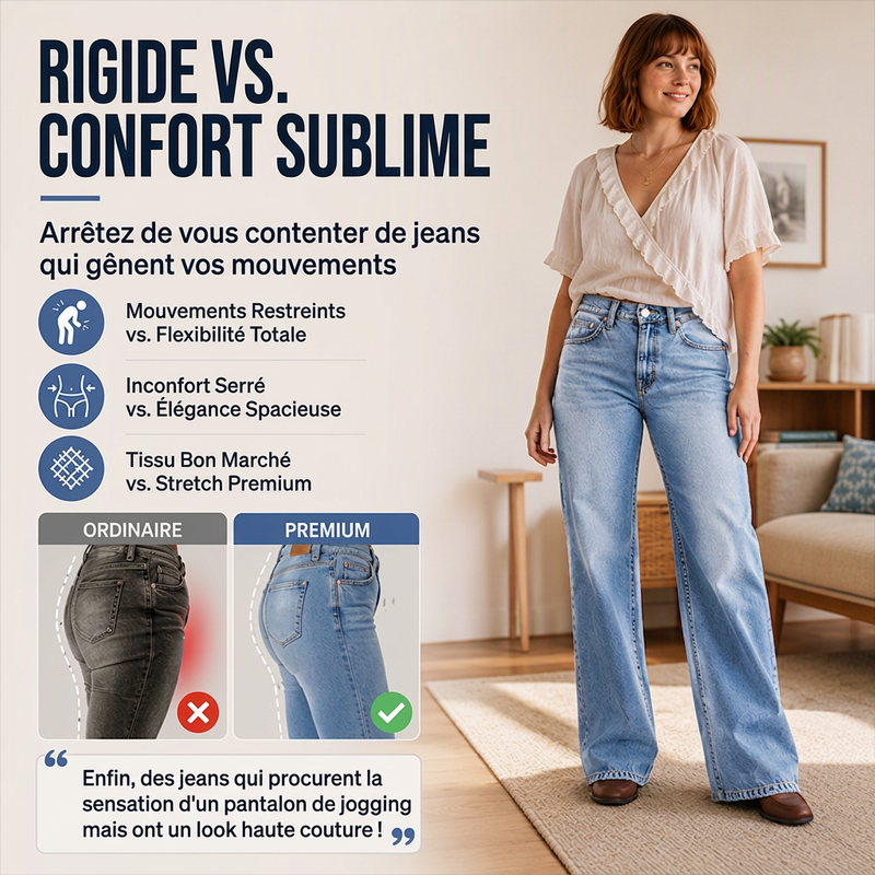 Jean en denim à jambes larges et haute élasticité pour femme