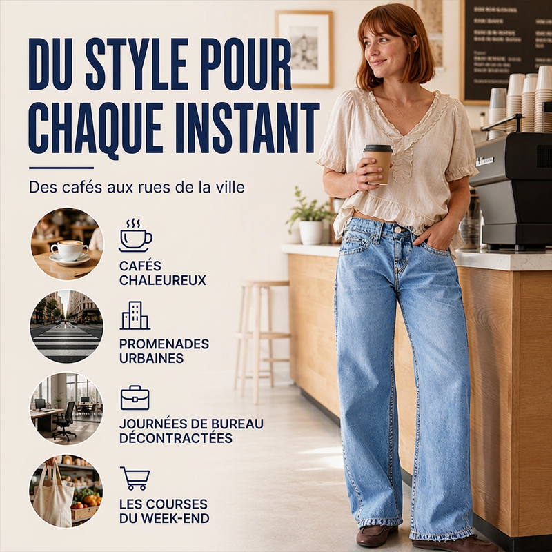 Jean en denim à jambes larges et haute élasticité pour femme