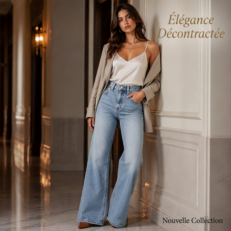 Jean en denim à jambes larges et haute élasticité pour femme