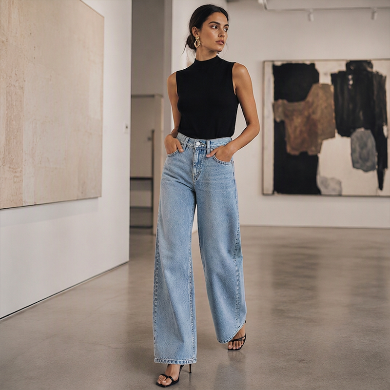 Jean en denim à jambes larges et haute élasticité pour femme