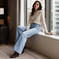 Jean en denim à jambes larges et haute élasticité pour femme