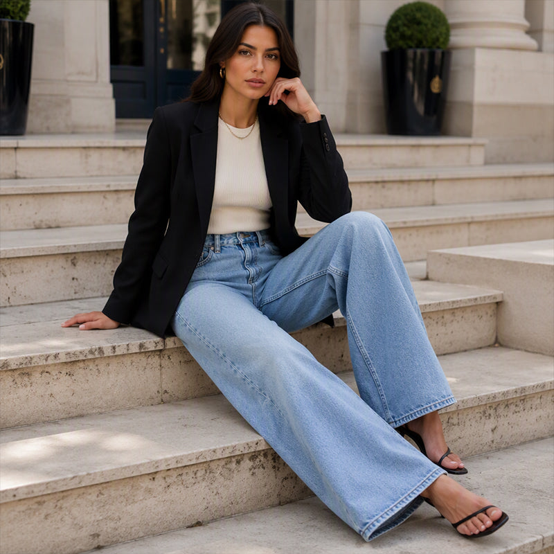 Jean en denim à jambes larges et haute élasticité pour femme