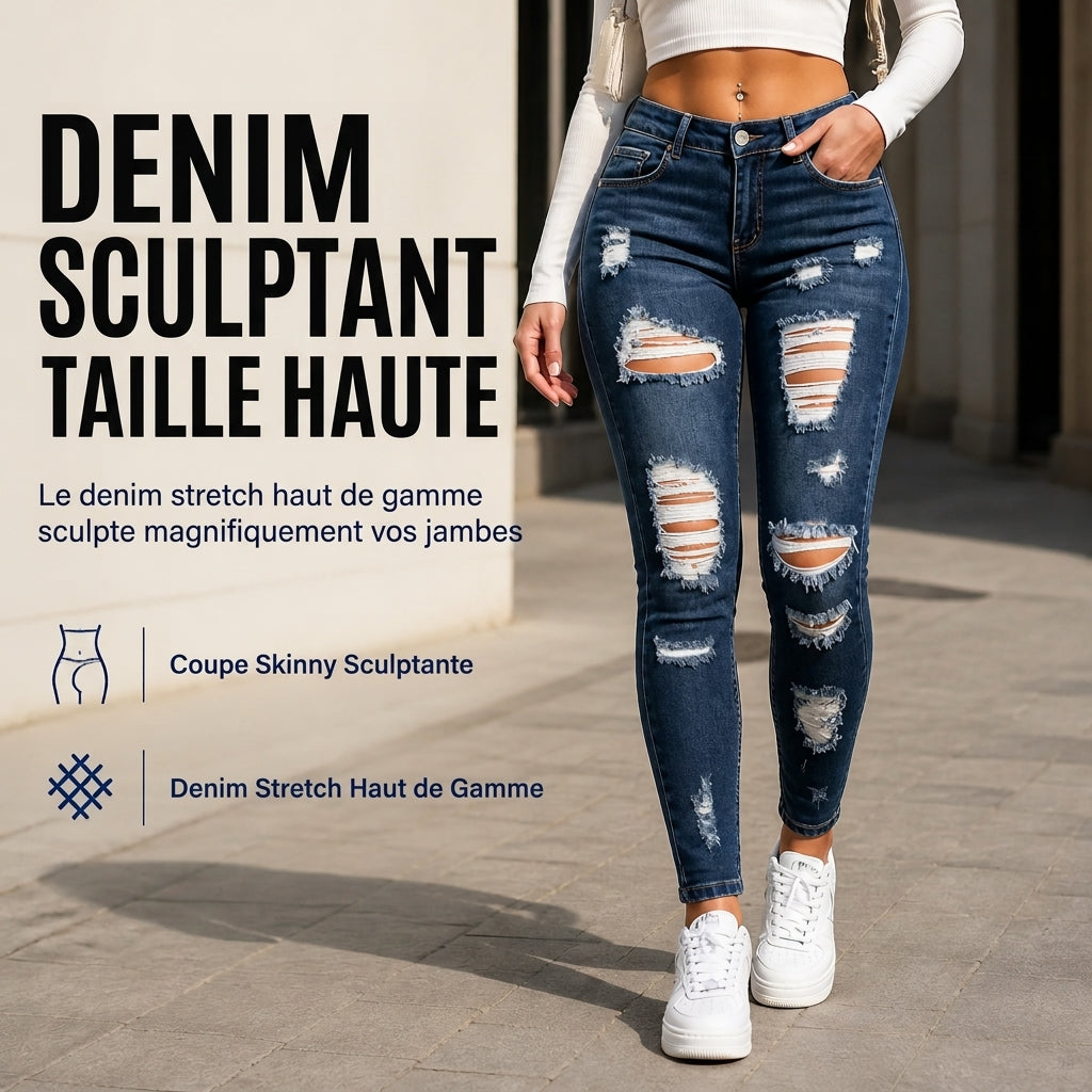Jean skinny taille haute déchiré pour femme, pantalon en denim stretch délavé