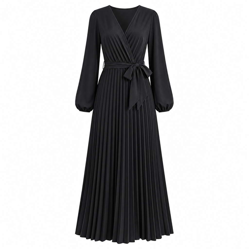 Robe longue élégante pour femme, col V croisé et plissée
