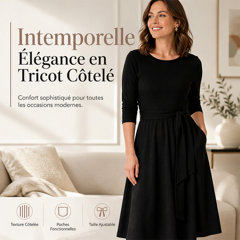 Robe mi-longue A-line en maille côtelée pour femme, avec col rond, manches 3/4 et poches