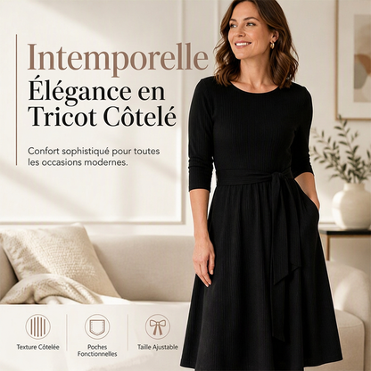 Robe mi-longue A-line en maille côtelée pour femme, avec col rond, manches 3/4 et poches