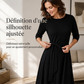 Robe mi-longue A-line en maille côtelée pour femme, avec col rond, manches 3/4 et poches