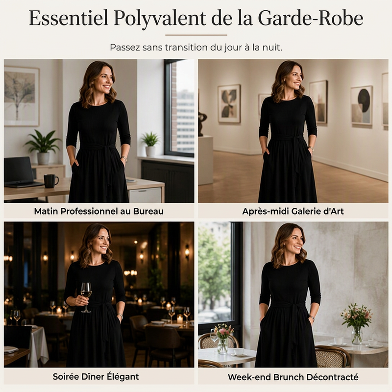 Robe mi-longue A-line en maille côtelée pour femme, avec col rond, manches 3/4 et poches