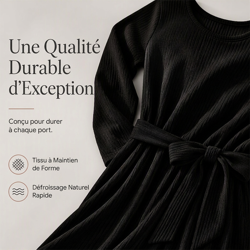 Robe mi-longue A-line en maille côtelée pour femme, avec col rond, manches 3/4 et poches