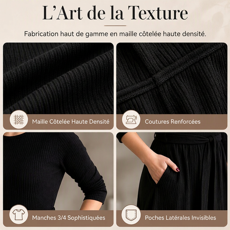 Robe mi-longue A-line en maille côtelée pour femme, avec col rond, manches 3/4 et poches