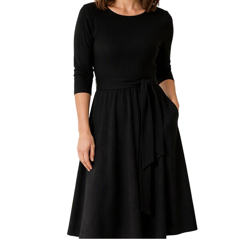 Robe mi-longue A-line en maille côtelée pour femme, avec col rond, manches 3/4 et poches