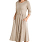Robe mi-longue A-line en maille côtelée pour femme, avec col rond, manches 3/4 et poches