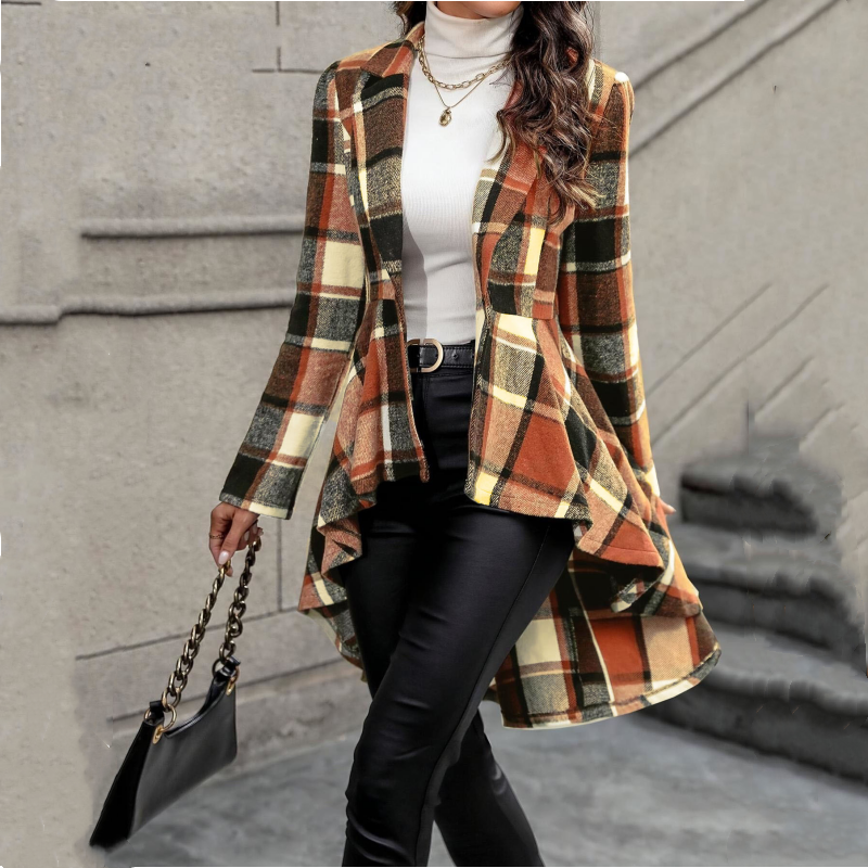 Manteau peplum à carreaux pour femme, coupe asymétrique haut-bas
