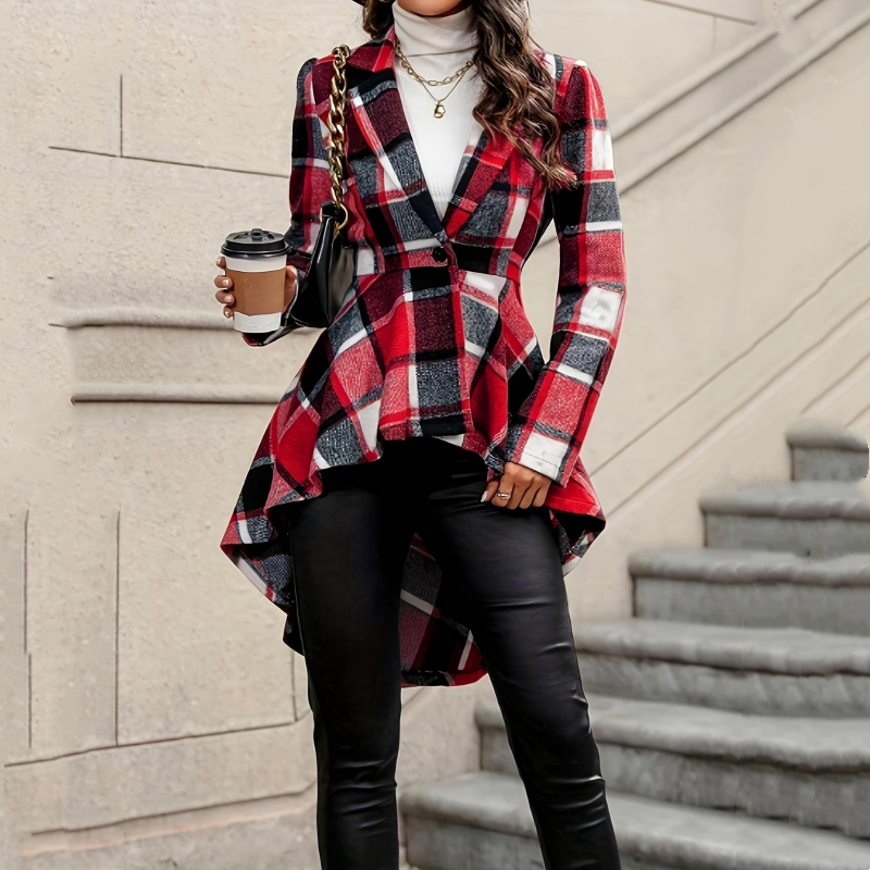 Manteau peplum à carreaux pour femme, coupe asymétrique haut-bas