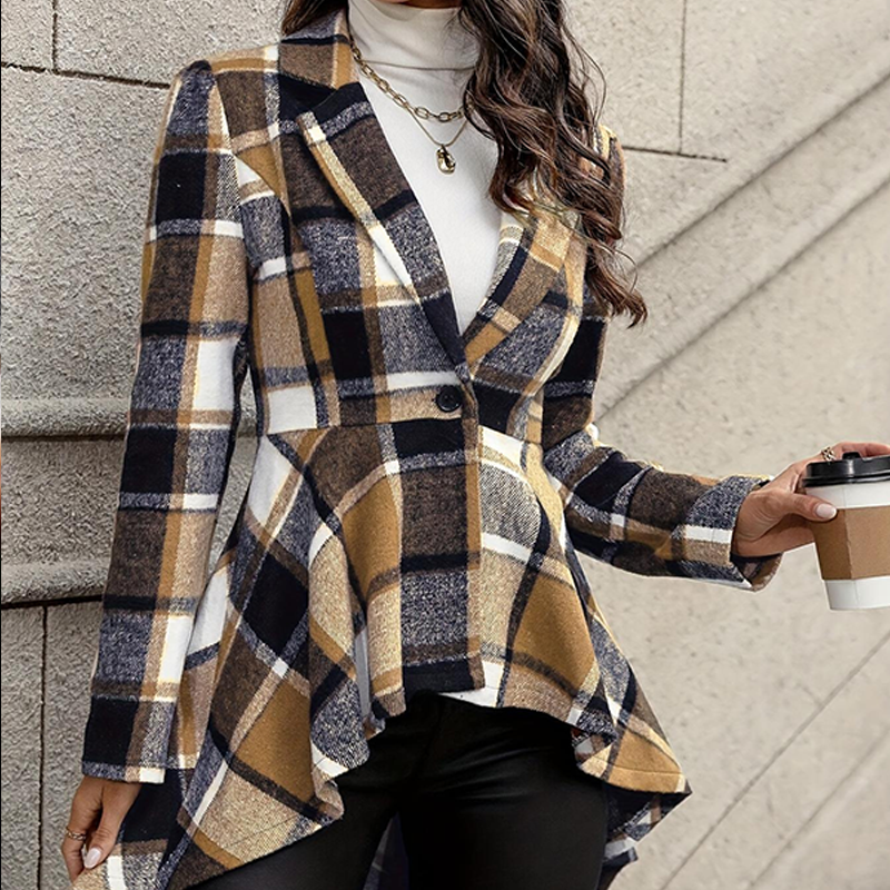 Manteau peplum à carreaux pour femme, coupe asymétrique haut-bas