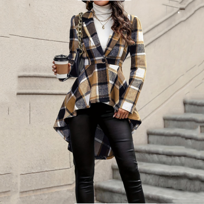 Manteau peplum à carreaux pour femme, coupe asymétrique haut-bas