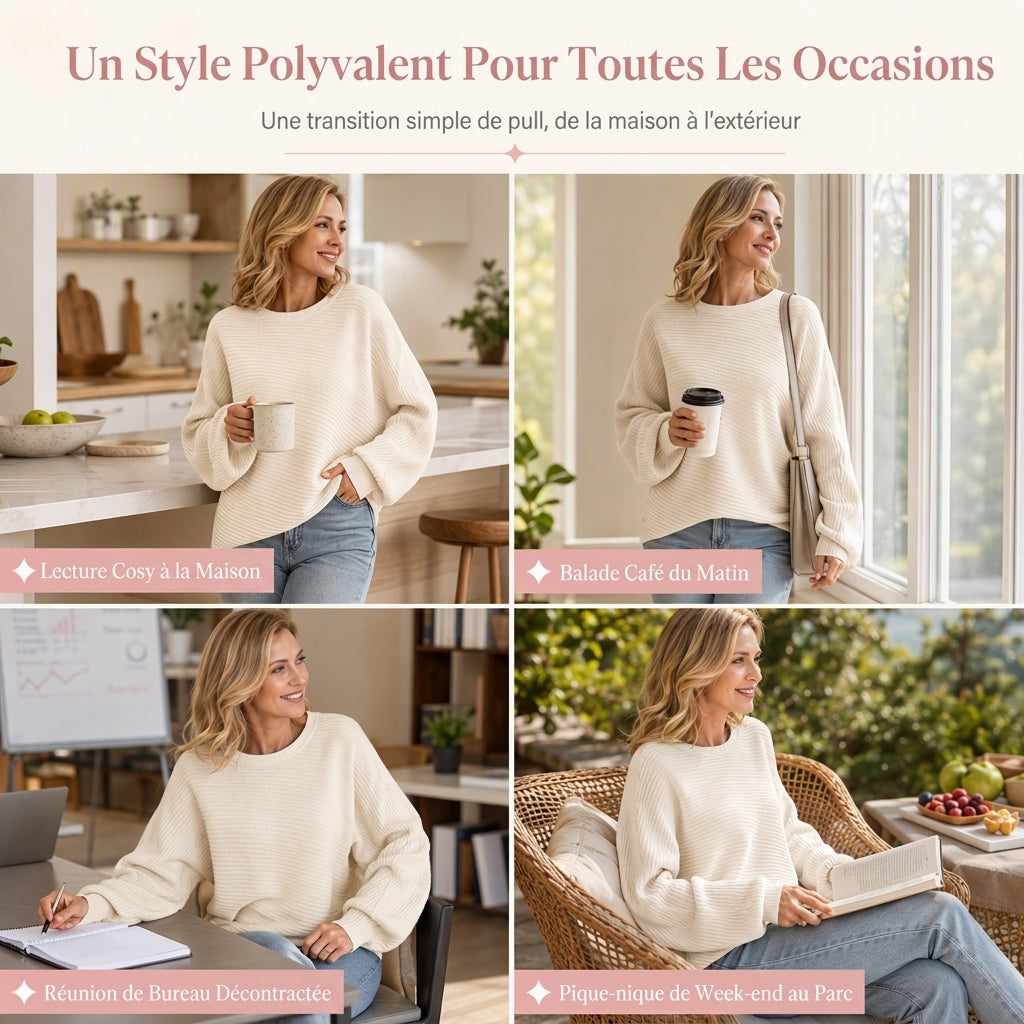 Pull en maille décontracté à col rond, coupe ample, manches longues chauve-souris, couleur unie