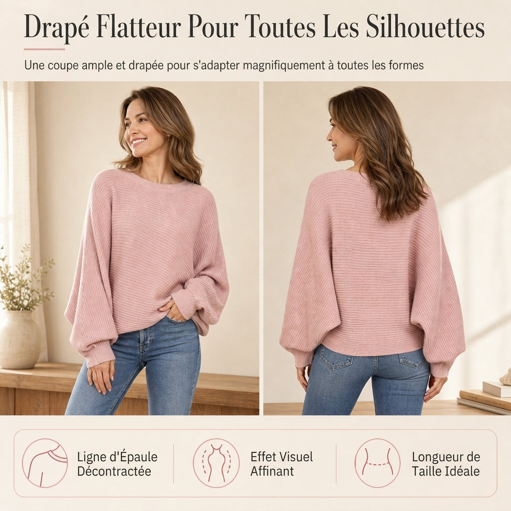 Pull en maille décontracté à col rond, coupe ample, manches longues chauve-souris, couleur unie