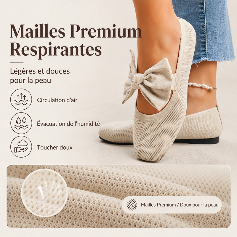Chaussures plates pour femme en maille à bout carré avec nœud
