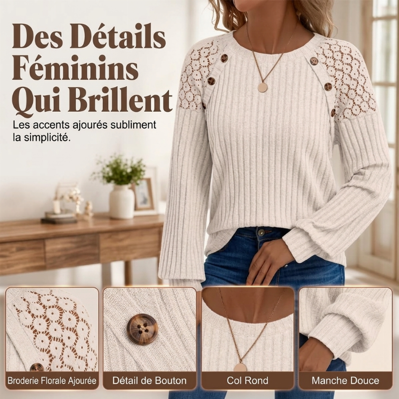 Haut décontracté pour femme en maille côtelée à manches longues