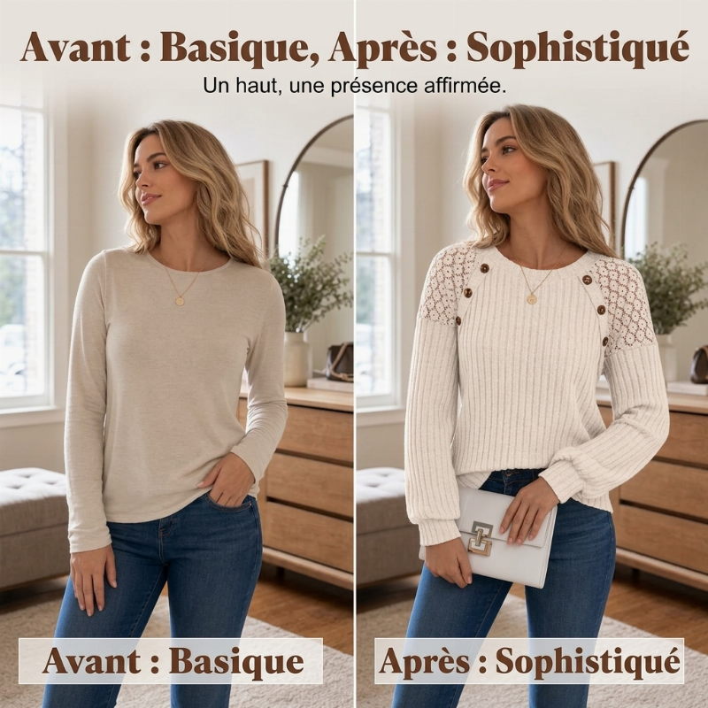 Haut décontracté pour femme en maille côtelée à manches longues