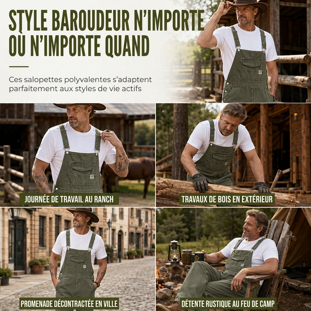Salopettes en jean de coton épais pour homme, coupe décontractée, jambes droites, avec multiples poches utilitaires