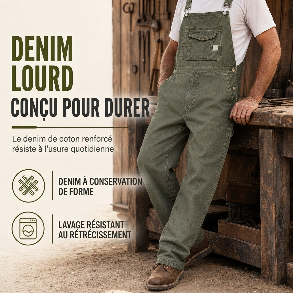 Salopettes en jean de coton épais pour homme, coupe décontractée, jambes droites, avec multiples poches utilitaires