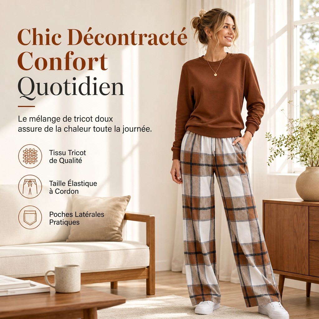 Ensemble sweat à col rond décontracté doux pour femme et pantalon à jambes larges