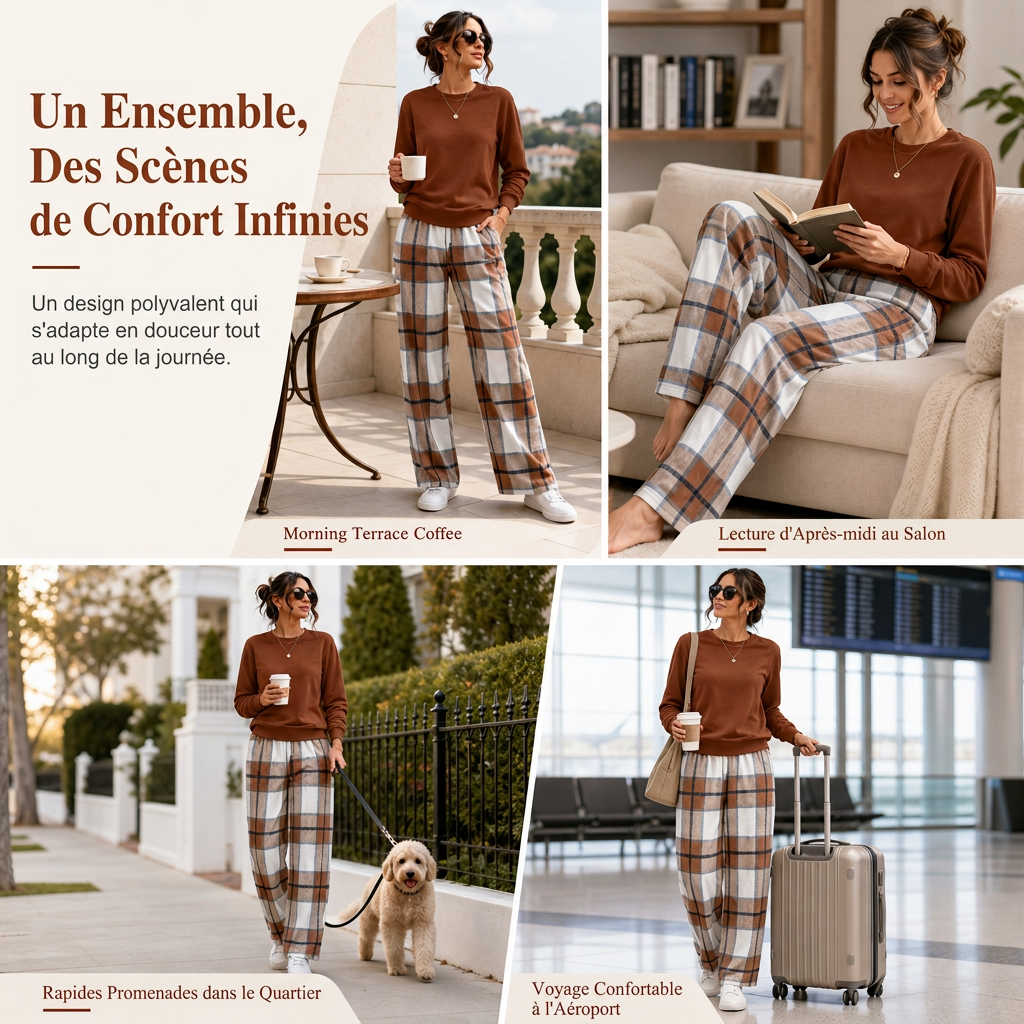 Ensemble sweat à col rond décontracté doux pour femme et pantalon à jambes larges
